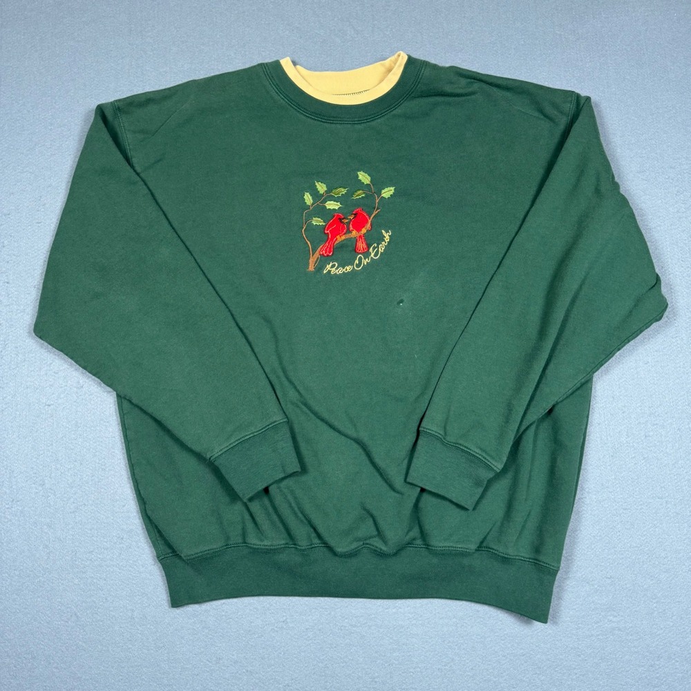 MC Sportswear Peace On Earth Cardinal Christmas Sweatshirt Womens XL Green Vtg